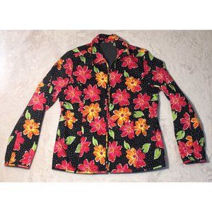 LAURA ASHLEY Jacket Black Floral Polka Dot Beaded Zip Up Size Medium